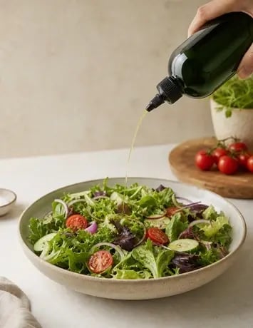 Dispensing Heart-Healthy Extra Virgin Olive Oil On A Salad