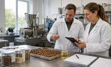 two research & development (R&D) scientists inspect their pet food formulation at a pet nutrition company